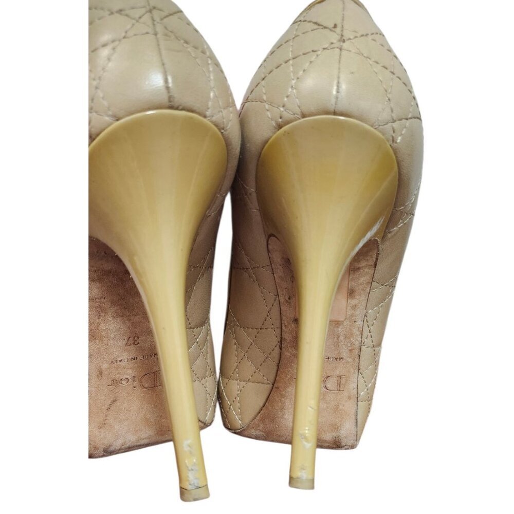 Christian Dior Beige Quilted Leather Mary Jane Peep Toe Heels Pumps EU 37 - Picture 11 of 16